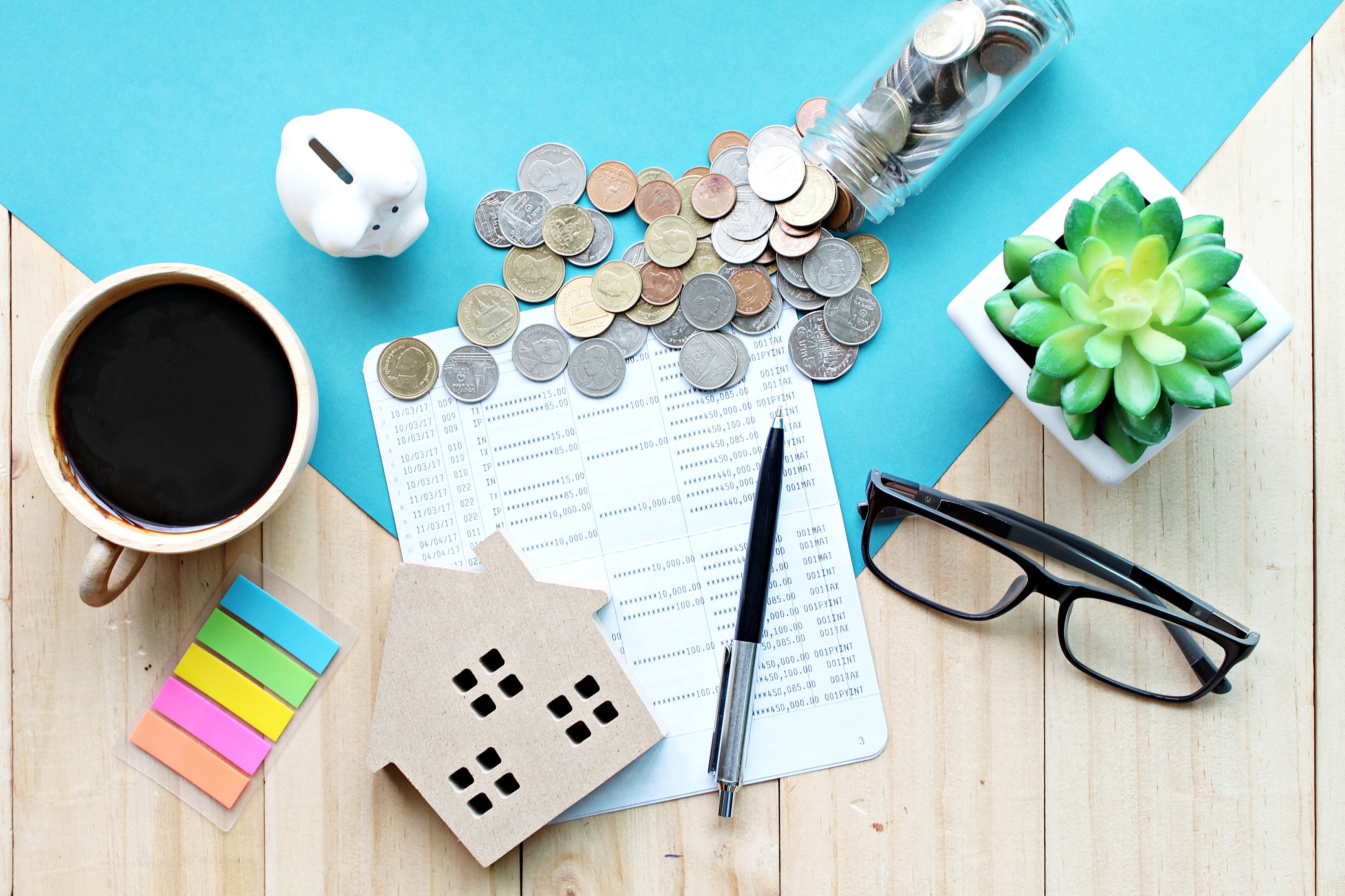 Desk with money and bills