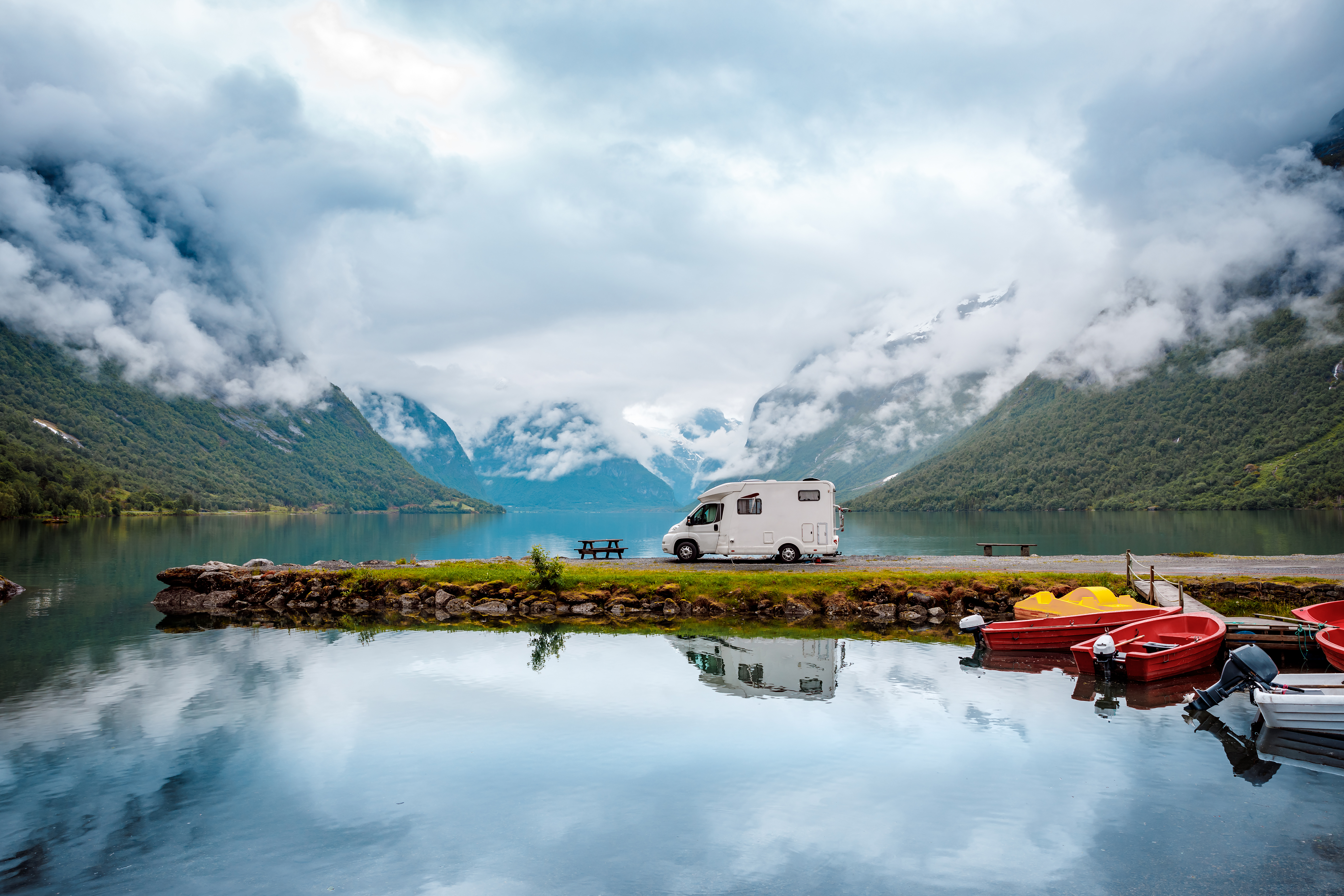 RV at a mountainside camping spot